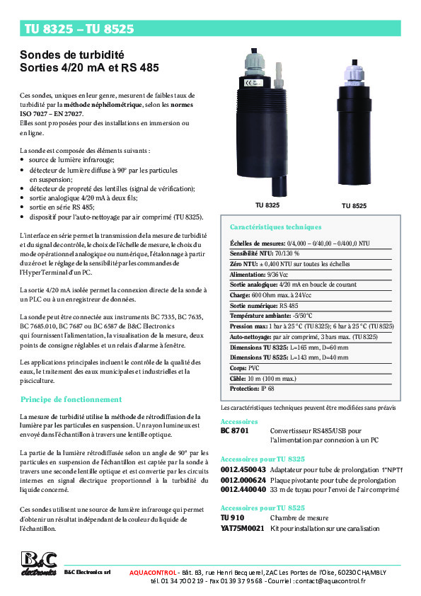 Image du document pdf : nc TU8325 et TU8525 sondes de turbidit&eacute; NTU 4-20mA et RS485 (fr). R21.01  