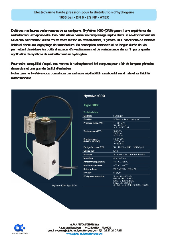 Image du document pdf : Electrovanne haute pression pour hydroge?ne - 1000bar DN6 Atex  